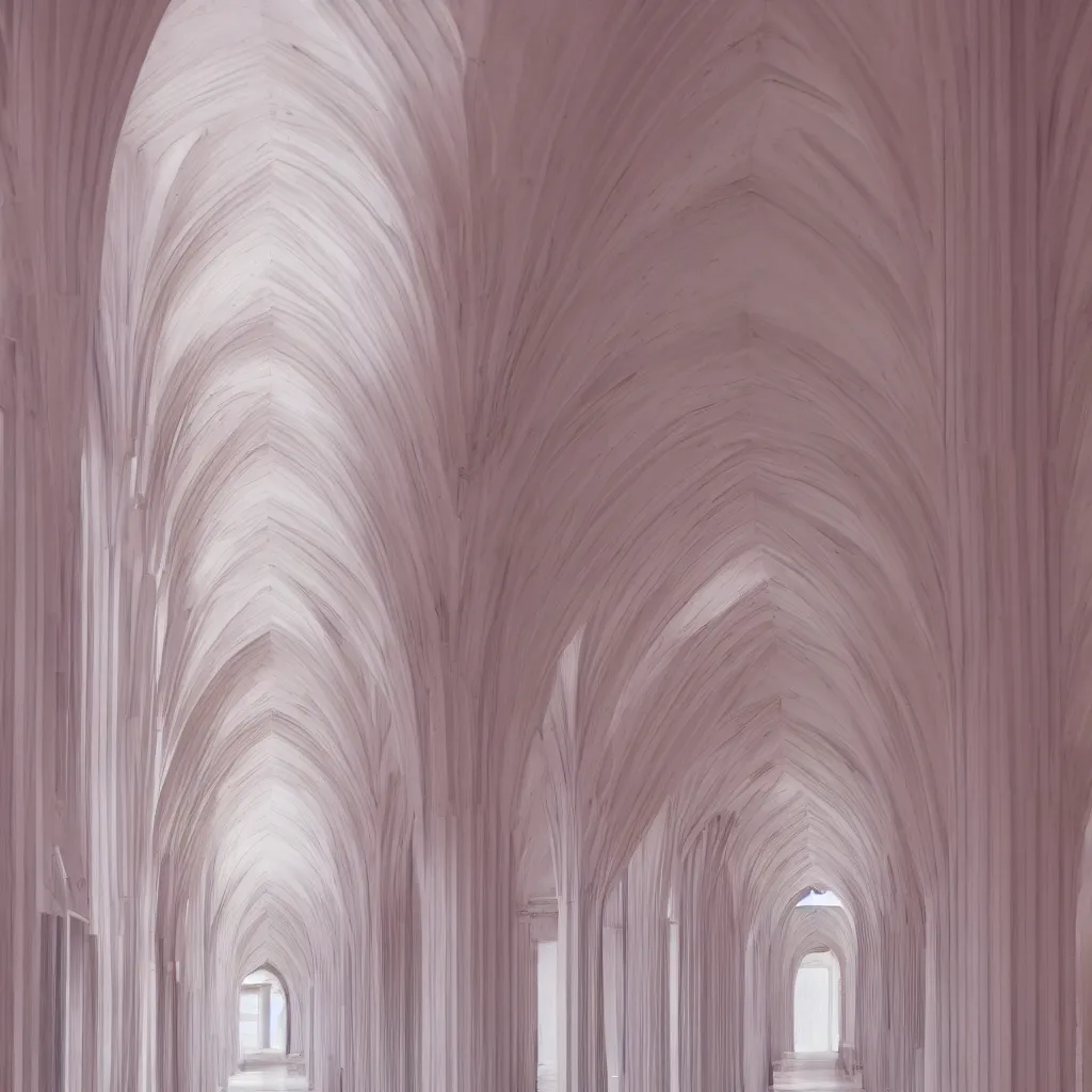 Image similar to photograph of a symmetrical hallway with multiple arches, pastel hues, minimalist, architecture magazine, dezeen, 50mm, pentax, film