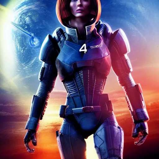 Prompt: “Emily Blunt as female Commander Shepard. Shot in space. Planet Earth in the background. Mass Effect, movie poster, photorealistic, cinematic, high detail, 4k”