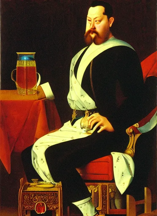 Prompt: king on a throne with a water - filled tankard in his hand in the style of michael sowa