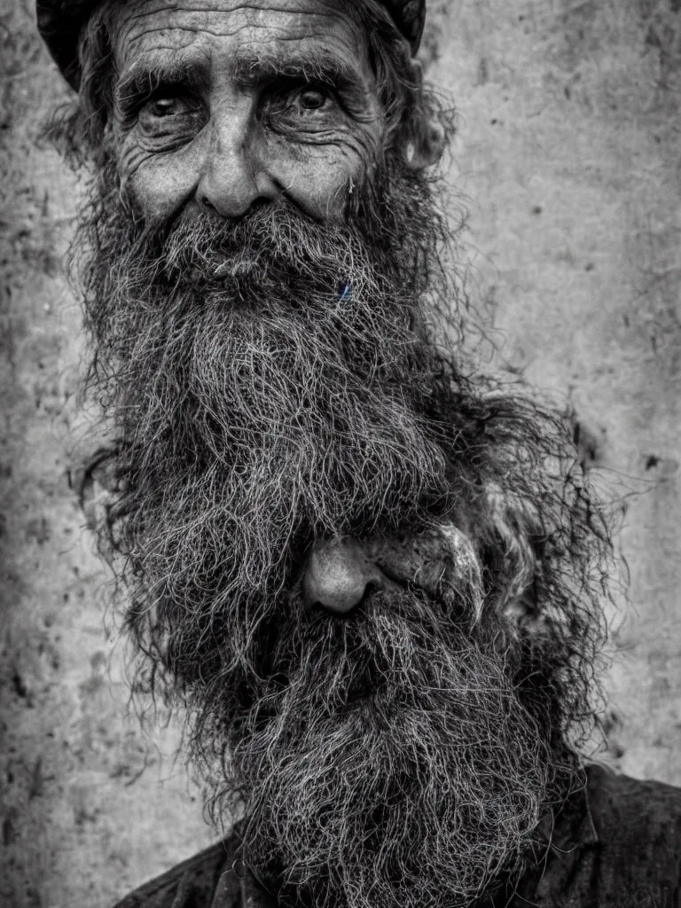 Prompt: High-resolution image. A portrait of an aged mushroom seller with a haunted expression and a wrinked gaunt face and large unkempt beard. Deep shadows and highlights. /2.8 or f/4. ISO 1600. Shutter speed 1/60 sec. Lightroom.