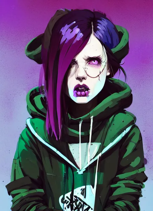 Image similar to highly detailed portrait of a sewer punk lady student, blue eyes, tartan hoody, purple hair by atey ghailan, by greg rutkowski, by greg tocchini, by james gilleard, by joe fenton, by kaethe butcher, gradient green, black, brown and magenta color scheme, grunge aesthetic!!! ( ( graffiti tag wall background ) )