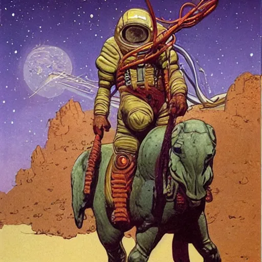 Prompt: Centaur wearing a spacesuit. Concept art by James Gurney and Moebius.