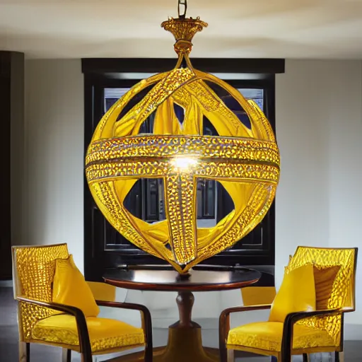 Prompt: chandelier in the shape of a sun with yellow accents designed by tiffany, advertising photography, luxury home design