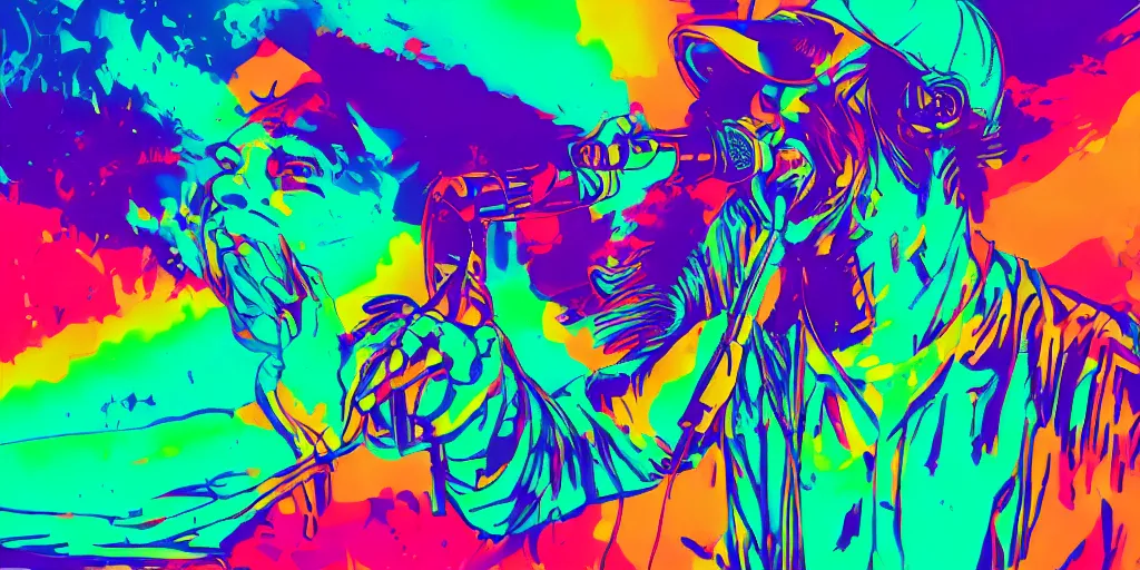 Image similar to rapping into microphone, silhouette, psychedelic, outrun, hip hop, Aurora borealis, trending on Artstation, professional artist, detailed, 4k