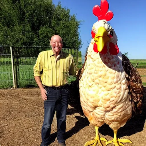 Image similar to a 2 meter tall chicken next to a 1,7 meter tall farmer.