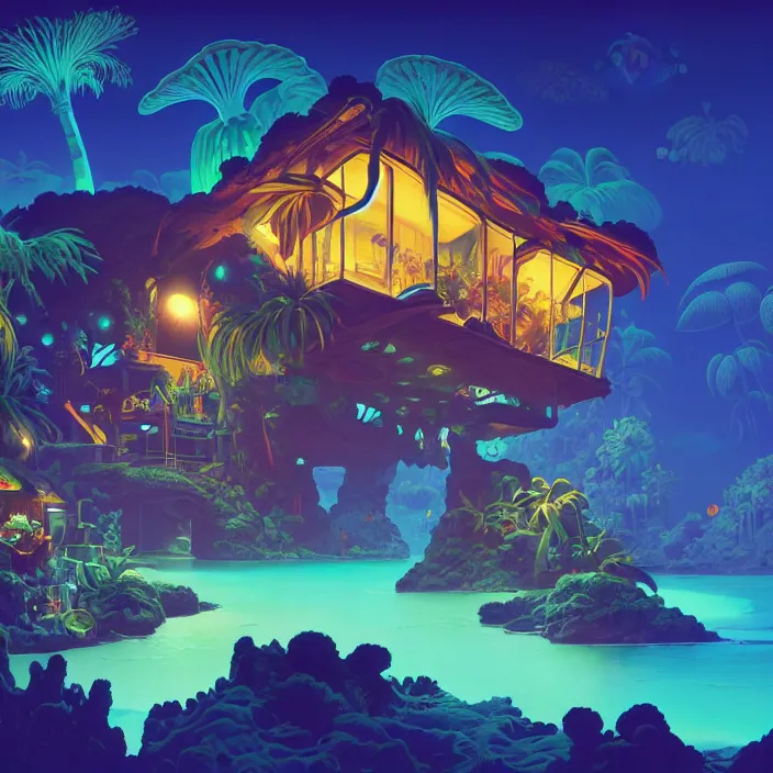 Prompt: a bioluminescent tropical cottage by paolo eleuteri serpieri and tomer hanuka and chesley bonestell and daniel merriam and tomokazu matsuyama, unreal engine, high resolution render, featured on artstation, octane, 8 k, highly intricate details, vivid colors, vector illustration