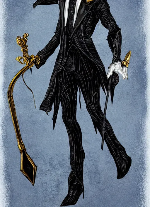 Image similar to DND character art, skeletal male figure, wearing a deep black suit!!! and tie and top hat, holding a gold! cane!. blue!!! flames!!