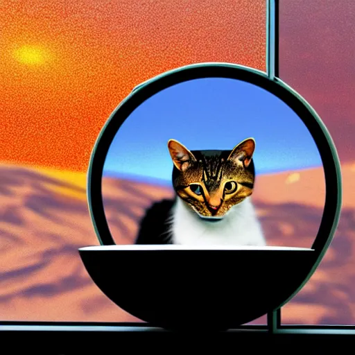 Image similar to cat watching martian landscape, standing inside a futuristic window, next to a food bowl