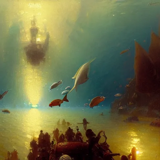 Image similar to point of view of deep in the ocean looking up, you see fishes, higher up you see very clearly the milk way illuminating the sea down bellow. highly detailed painting by gaston bussiere, greg rutkowski 8 k