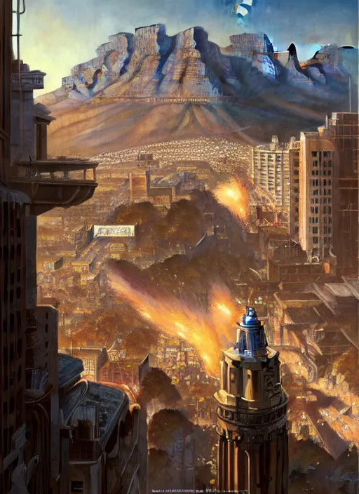 Image similar to hyper realistic robot attacking cape town city,. poster painted by light and magic by wizards of the coast norman rockwell, james gurney and greg rutkowski weta studio, and lucasfilm and best of artstation