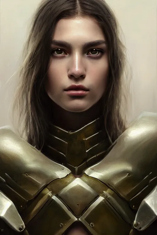 Image similar to a photorealistic painting of an attractive young girl, partially clothed in metal-plated battle armor, olive skin, long dark hair, beautiful bone structure, symmetrical face, perfect eyes, intricate, elegant, digital painting, concept art, illustration, sharp focus, minimal artifacts, from Metal Gear, in the style of Ruan Jia and Mandy Jurgens, by Greg Rutkowski, trending on Artstation, award winning