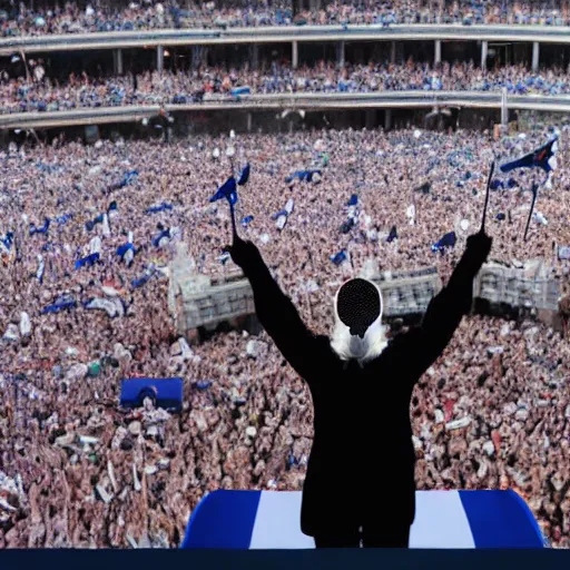 Image similar to Lady Gaga as president, Argentina presidential rally, Argentine flags behind, bokeh, giving a speech, detailed face, Argentina