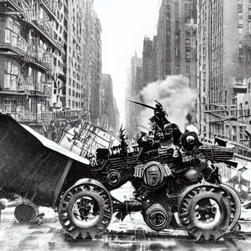 Image similar to old black and white photo, 1 9 1 3, depicting a diesel gundam rampaging through the bustling streets of new york city, historical record