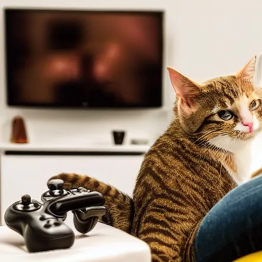 Image similar to a cute cat playing video games while sitting on a couch