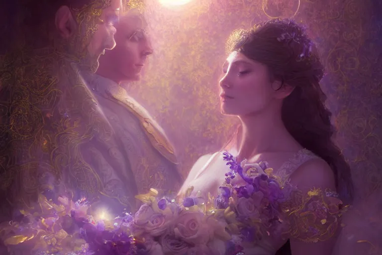 Image similar to a dreamlike cinematic portrait of wedding photograph close up moment of a divine a russia sun god and moon goddess lovers magician at a wedding banquet. portraiture. digital painting. artstation. concept art. fantasy wedding photo. digital painting, 8 k realistic, hyper detailed, violet evergarden art masterpiece by art by krenz cushart