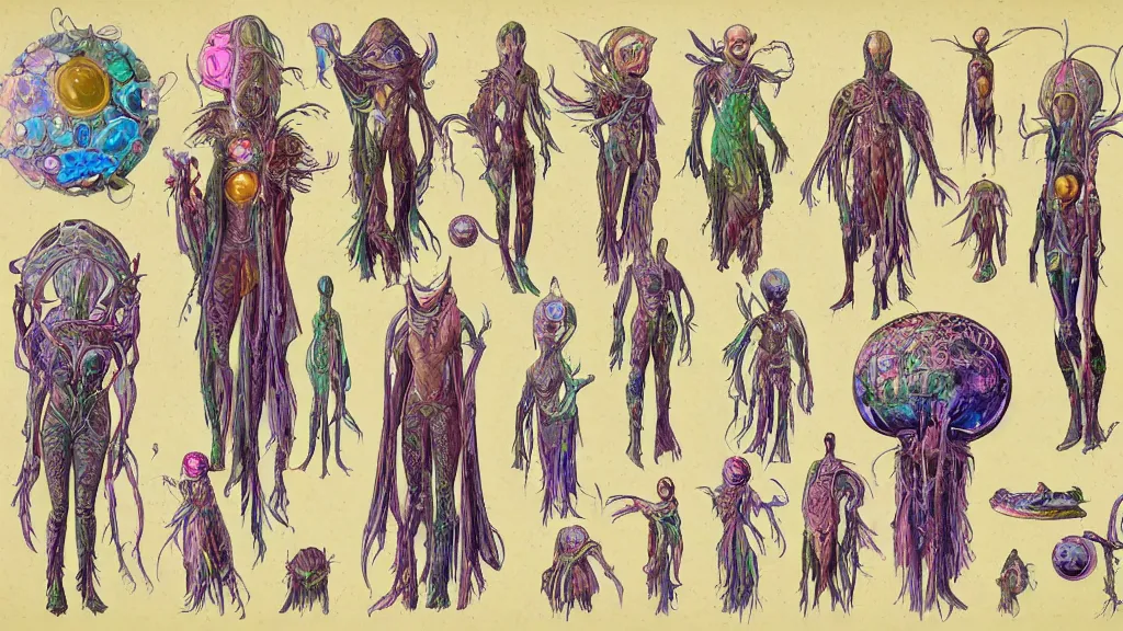 Prompt: concept art, colorful character sheet for an androgynous extraterrestrial with large bulbous head, religious robes, retrofuture, ernst haeckel, fantastic planet, moebius, valerian, coherent, illustration, digital art, trending on artstation, hd, 8 k, good lighting, beautiful, rough paper, masterpiece