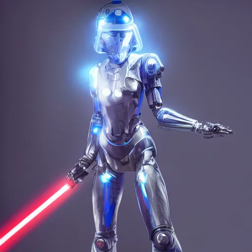 Image similar to Nanosuit female beautiful cyborg with a bright blue lightsaber in her hand, brilliant silver flowing hair, beautiful blue glowing eyes, wideshot ultrawide angle epic scale, by Cedric Peyravernay, highly detailed, excellent composition, cinematic concept art, dramatic lighting, trending on ArtStation