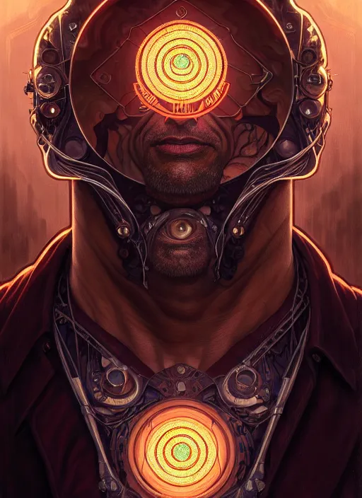 Prompt: portrait of dwayne johnson glowing eyes, volumetric lights, feast, music notes, art nouveau botanicals, gothic, intricate, highly detailed, digital painting, artstation, concept art, smooth, sharp focus, symmetric face, illustration, steampunk, art by artgerm and greg rutkowski and alphonse mucha