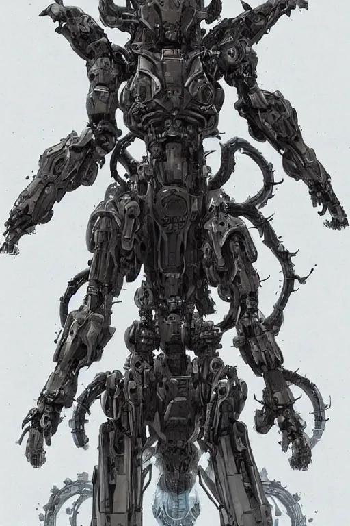 Image similar to very symmetrical!! full body illustrations of mecha, pen and ink, moderately detailed, by james gurney, by greg rutkowski, symmetrical concept art, spooky witch medusa, mechanized, bikini, artstation, deviantart, pinterest, unreal engine