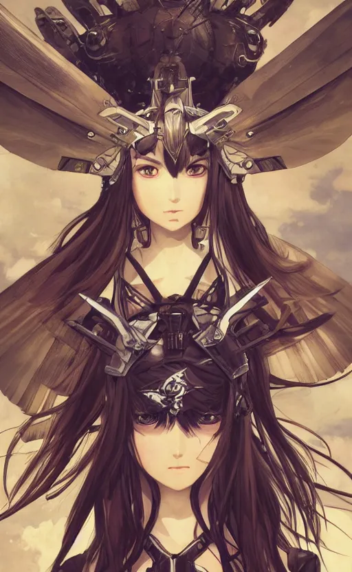 Image similar to mechanized valkyrie, anime style, konami character design, vintage clothing, spread wings, long hair, hair down, symmetrical facial features, from arknights, hyper realistic, 4 k, rule of thirds, extreme detail, detailed drawing, safebooru, hd, d & d, realistic lighting, by alphonse mucha, greg rutkowski