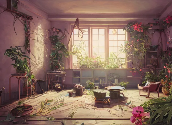 Prompt: inside a living room with flowers, thin contur lines, unreal engine, fantasy art by greg, loish, rhads, ferdinand knab, tom bagshaw, makoto shinkai and lois van baarle, rossdraws, ilya kuvshinov, night lighting, trending on studio ghibli, highly detailed, 8 k, octane render