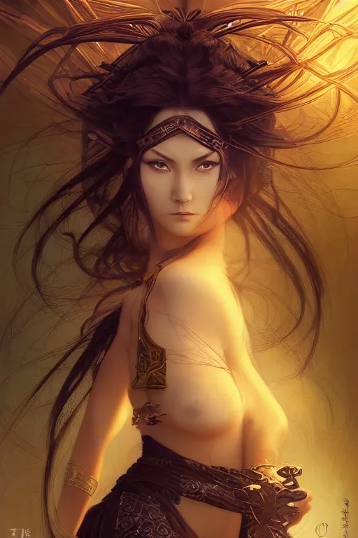 Image similar to beautiful female Ninja and mystery and gorgerous and black magic and stunning portrait+shiny eyes+light flowing hair, in mudra night ruin tokyo temple, ultradetail face, art and illustration by tian zi and craig mullins and WLOP and alphonse mucha, rim lght, fantasy, intricate complexity, human structure, fantasy world concept, watermark, blurry, hyperrealism 8k