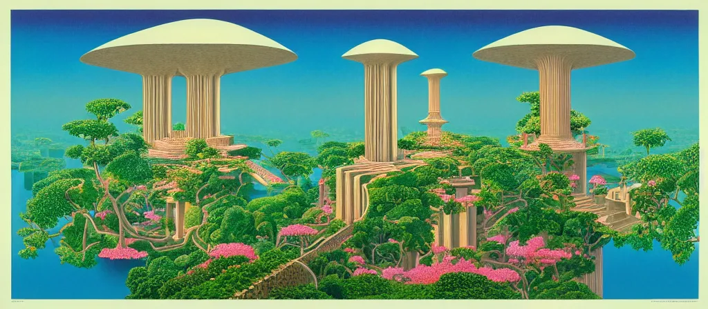 Prompt: huge gargantuan angular dimension of pagoda liminal spaces, temples by escher and ricardo bofill. utopian singaporean landscape by roger dean. magical realism, surrealism, lush sakura trees, waterfalls, thunder, lightning, vaporwave, trending on artstation, shot from below, epic scale