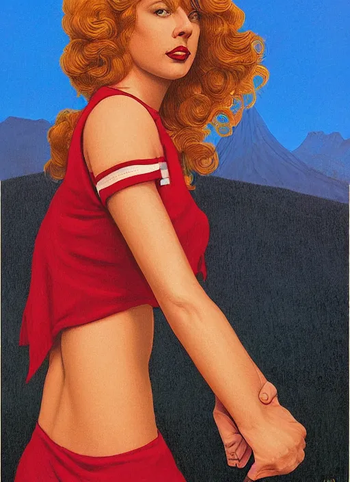 Prompt: portrait of talyor swift cheerleader, twin peaks poster art, from scene from twin peaks, by michael whelan, maxfield parrish, jeffrey catherine jones, artgerm, retro, nostalgic, old fashioned