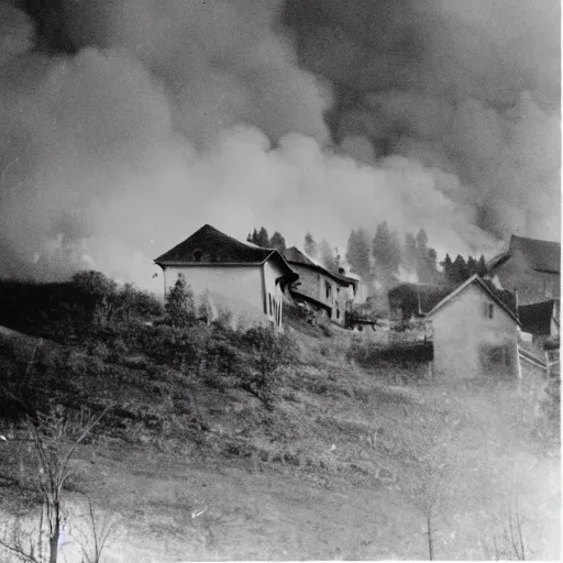 Prompt: « a cinematographic picture of the village of le grand bornand with houses burning »