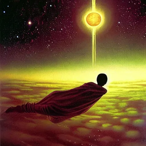 Image similar to A person floating through space in a lucid dream by David A. Hardy