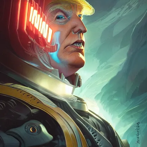 Image similar to cyborg Donald Trump from another dimension, cinematic lighting, intricate, elegant, highly detailed, digital painting, artstation, sharp focus, illustration, art by artgerm and greg rutkowski and alphonse mucha and Wayne Barlowe and william-adolphe bouguereau