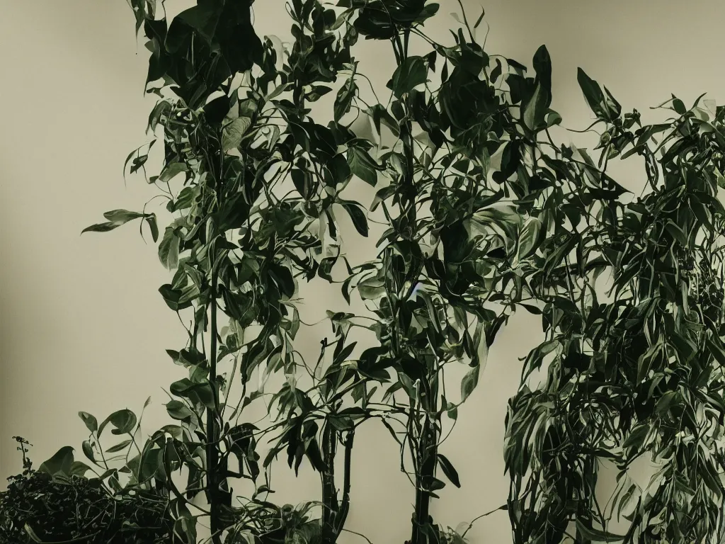 Prompt: an analogic photography of a creature, is a mix of human, alien and plant, studio light