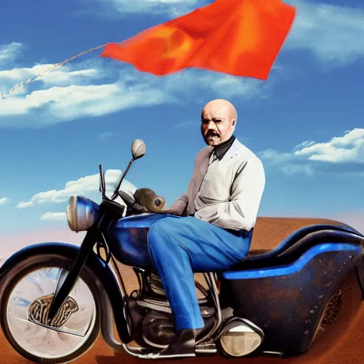 Prompt: a photo of vladimir lenin riding a motorbike, desert road, blue skies, hyper realistic, 4 k