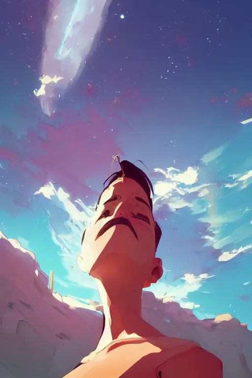 Prompt: looking up into the sky i see an anxious reflection of myself behance hd artstation by jesper ejsing, by rhads, makoto shinkai and lois van baarle, ilya kuvshinov, ossdraws, that looks like it is from borderlands and by feng zhu and loish and laurie greasley, victo ngai, andreas rocha