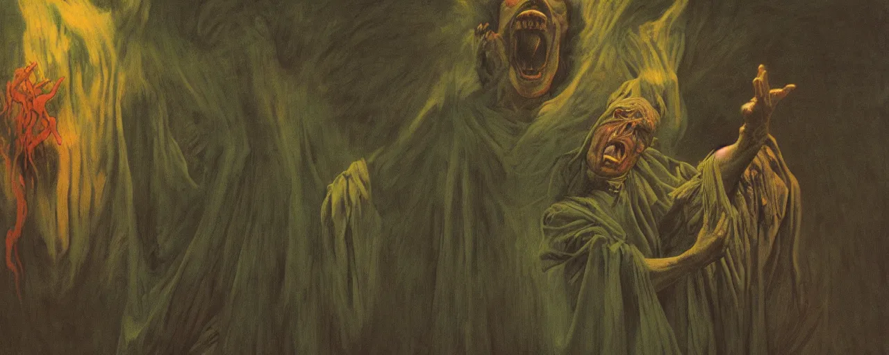 Prompt: vintage brightly color film footage, exorcism scared priest, wide open mouth in terror, mental hospital by zdzisław beksinski and gustave dore and alphonse mucha, artstationhq iamag