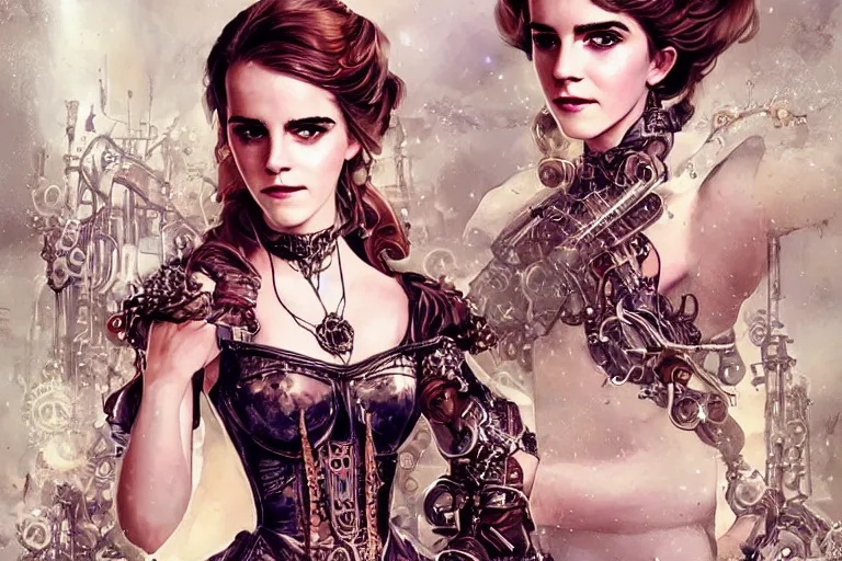 Prompt: three-quarters pose portrait of Emma Watson as a beautiful Lady Mechanika, very beautiful young woman, ginger wavy hair, Victorian-era push-up underwire. Intricate, steampunk imagery themed, D&D!, fantasy style, sharp focus!, ultra detailed, art by Artgerm and Peter Andrew Jones