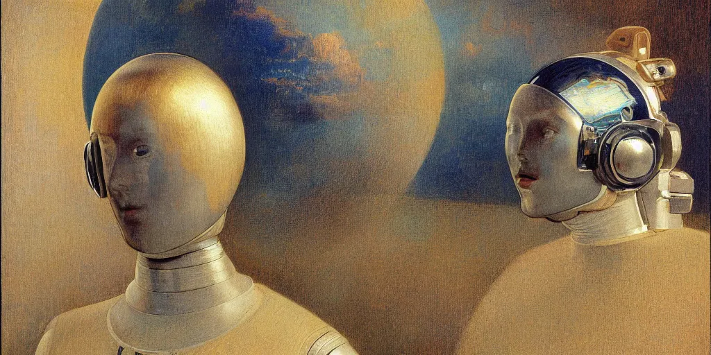 Image similar to portrait of a beautiful chrome female robot wearing a space helmet, reflections, mirroring, warm azure tones, heavy lensflare, color bleed, film grain, depth of field, jules bastien - lepage, rudolph belarski, johfra bosschart, alexandre cabanel