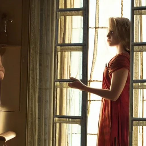 Prompt: scene from a 2 0 1 0 film set in 1 1 0 0 showing a woman standing next to a window