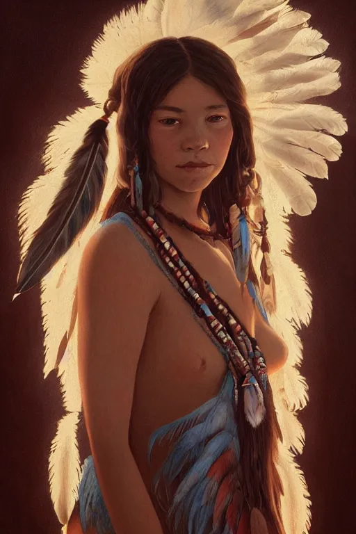 Prompt: portrait of native american girl with feathers in the background, staring directly into camera, intricate, elegant, glowing lights, highly detailed, digital painting, artstation, sharp focus, illustration, art by wlop, mars ravelo and greg rutkowski