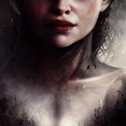 Image similar to emilia clarke, film nior, darkwave, darksynth character portrait, sharp, digital matte painting, art by luis royo, greg rutkowski, wlop, dramatic lighting, trending on artstation