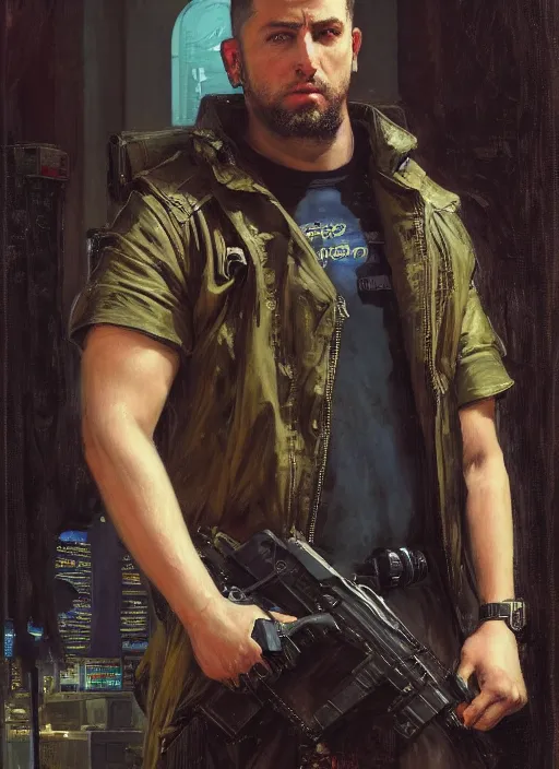 Image similar to big mike. cyberpunk hacker wearing a military vest and combat gear. (Cyberpunk 2077, bladerunner 2049). Iranian orientalist portrait by john william waterhouse and Edwin Longsden Long and Theodore Ralli and Nasreddine Dinet, oil on canvas. Cinematic, hyper realism, realistic proportions, dramatic lighting, high detail 4k