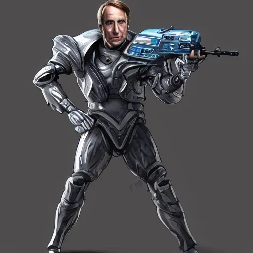 Image similar to Movie still of Saul Goodman wearing futuristic futuristic futuristic armour while holding a machine gun, highly detailed, digital painting, artstation, concept art, sharp focus, illustration, art by Tony Sart and artgerm and randy vargas