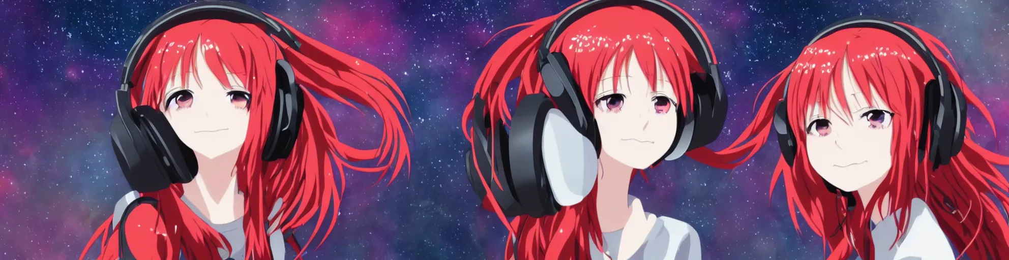 Prompt: Anime key visual of a girl with red hair and red eyes wearing headphones with galaxy background, official media