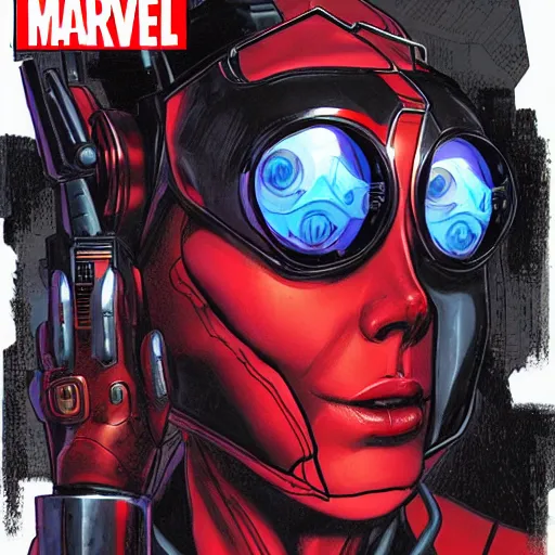 Prompt: A comic book cover of a female cyberpunk mercenary wearing cybernetic sci fi head gear and earpiece with red evil eyes in the style of Marvel Comics, highly detailed, oil on canvas