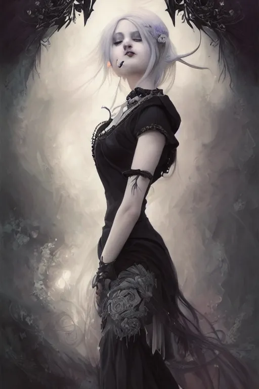 Image similar to portrait of radical lolita girl, dreamy and ethereal and dark, dark eyes, silver hair, smiling expression, ornate goth dress, dark fantasy, chaotic, elegant, black crows flying, highly detailed, digital painting, artstation, concept art, smooth, sharp focus, illustration, art by artgerm and greg rutkowski and alphonse mucha