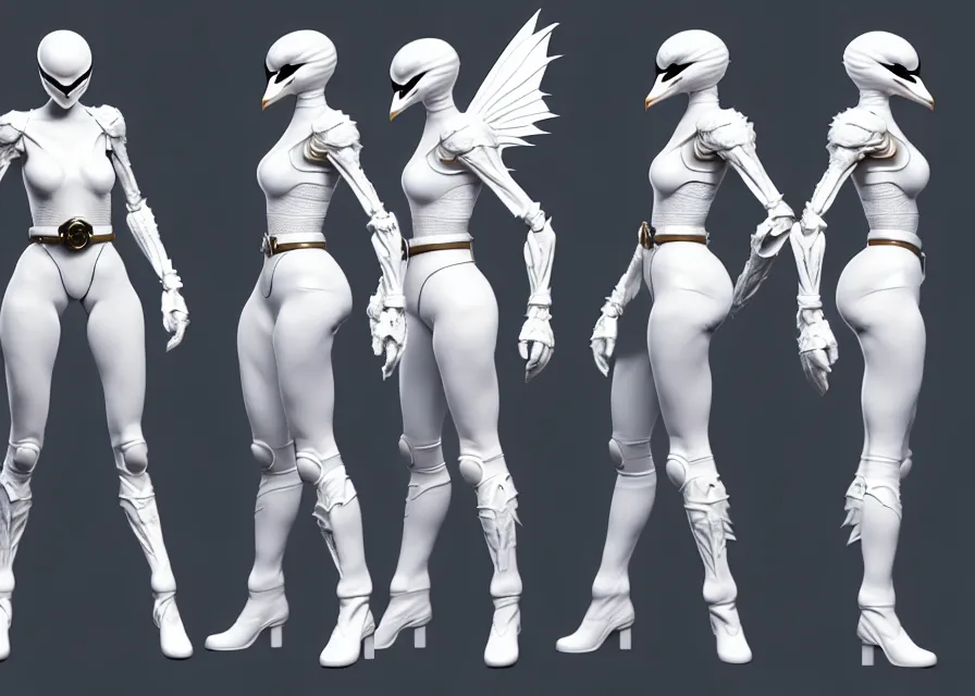 Prompt: character concept art sprite sheet of white swan concept female kamen rider, big belt, wing, human structure, concept art, hero action pose, human anatomy, intricate detail, hyperrealistic art and illustration by irakli nadar and alexandre ferra, unreal 5 engine highlly render, global illumination