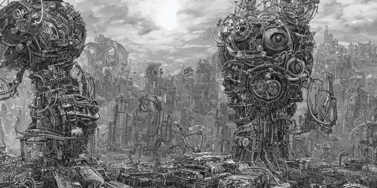 Prompt: hyper detailed comic illustration of a giant fleshy bio-mechanical machine tower with one eyeball at the top, overlooking a dystopian wasteland