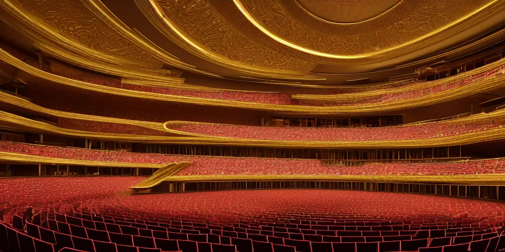 Image similar to interior view of an elaborate and opulent modern opera house, 4k octane render, detailed, extreme detail, cinematic, soft lighting, vfx