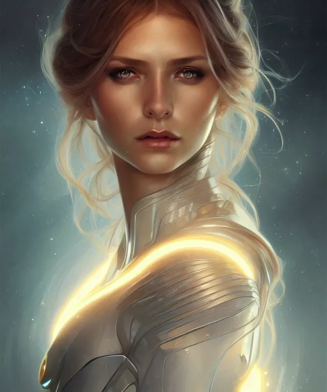 Image similar to futuristic woman portrait, sci-fi, amber eyes, face, long hair, fantasy, intricate, elegant, highly detailed, digital painting, artstation, concept art, smooth, sharp focus, illustration, art by artgerm and greg rutkowski and alphonse mucha