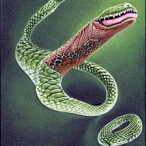 Image similar to cubic zirconia by john howe, by hal foster hideous. a beautiful photograph of a snake eating its own tail that seems to go on forever.